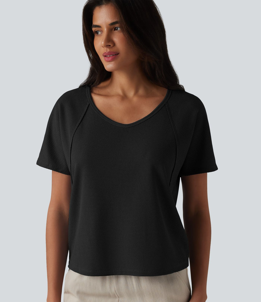 T-shirt casual en tissu gaufré à encolure cœur et manches courtes
