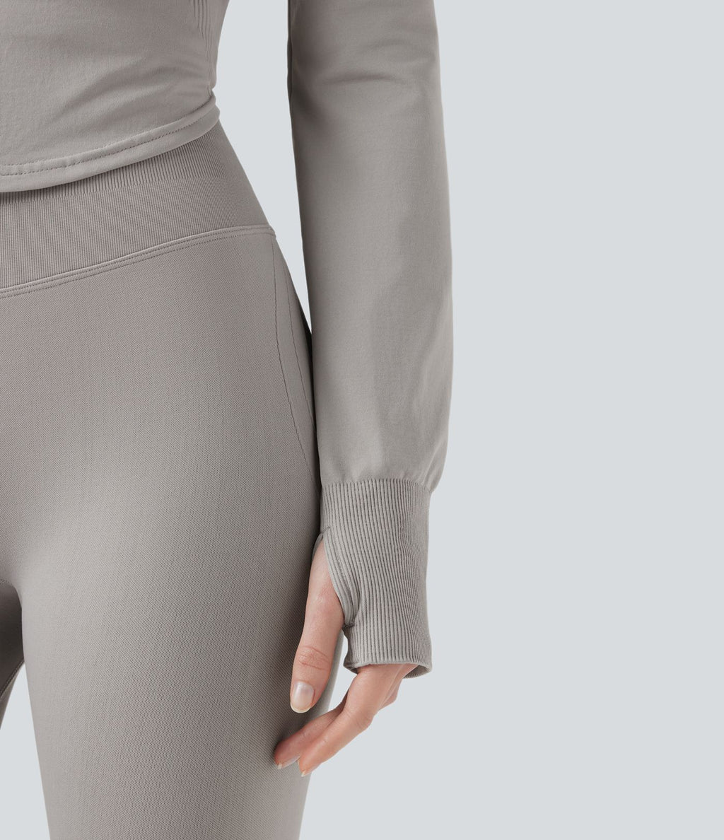 Veste yoga à capuche zippée à manches longues avec passants pouces et ourlet arrondi sans couture OneForm Seamless Flow