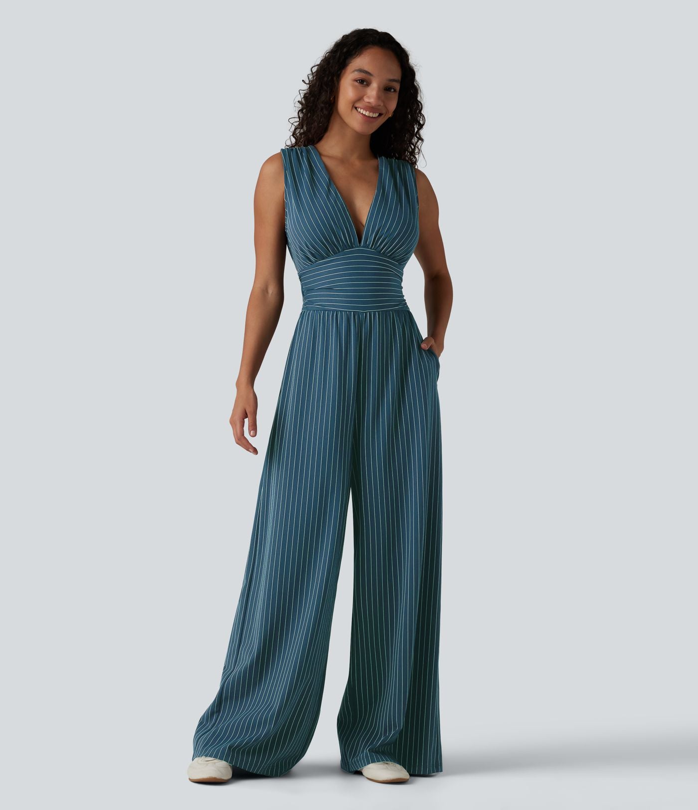 Combinaison tailleur col V sans manches à rayures et fronces avec poches - Easy Peasy