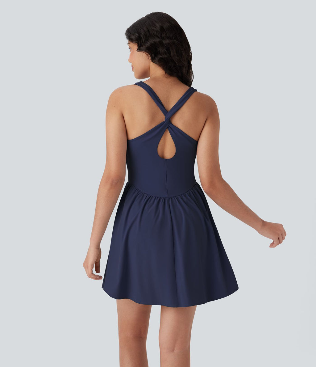 Robe active fluide Breezeful™ mini 2-en-1 à séchage rapide avec dos nu, style corset et poche - Longueur allongée