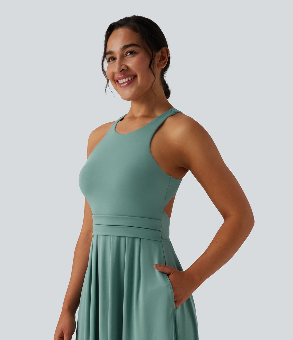 Robe midi décontractée col rond dos nageur avec poches