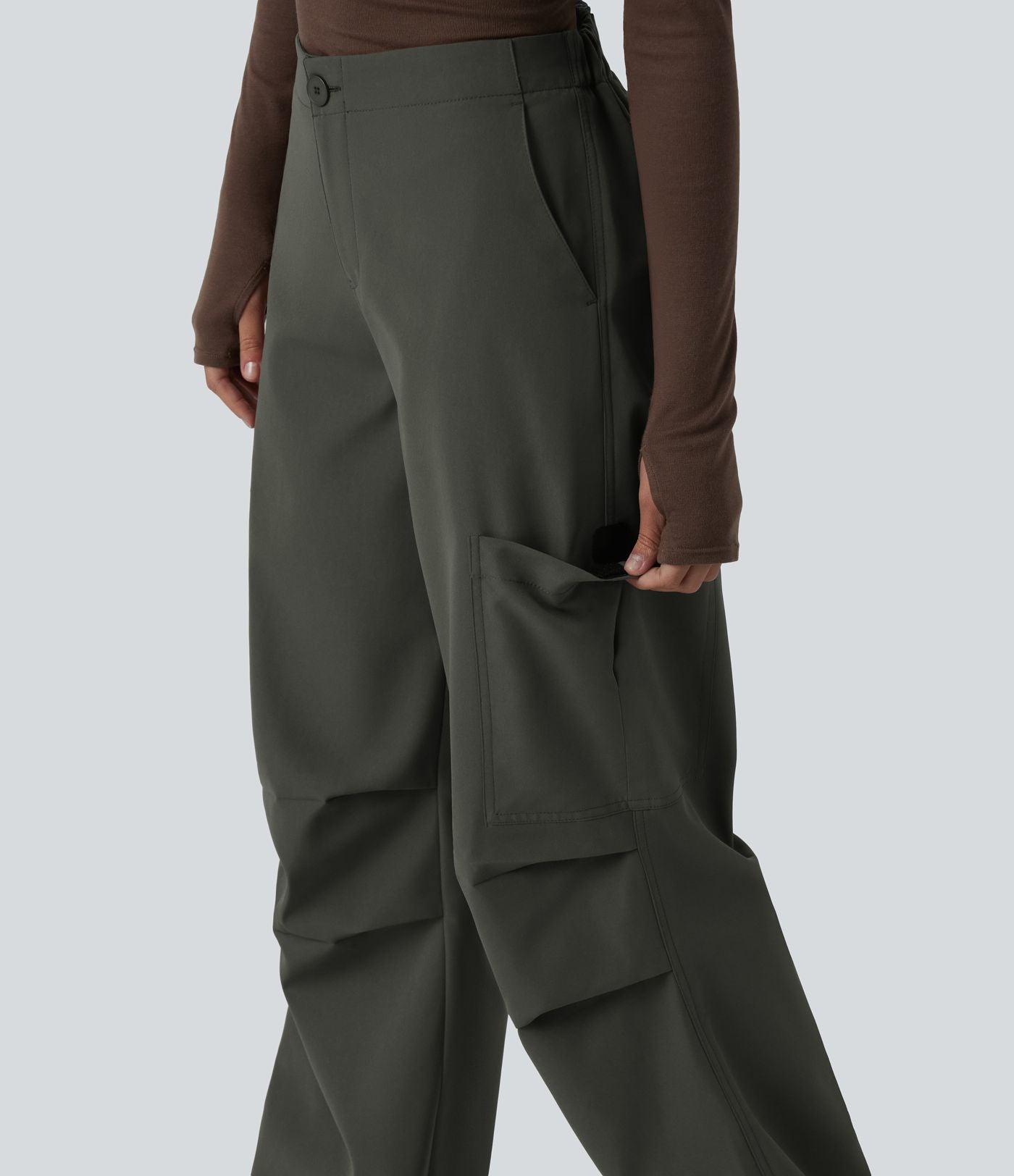 Pantalon parachute large fluide décontracté en polaire taille haute avec poches