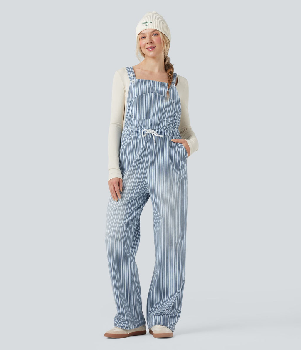 Salopette en denim décontractée droite à rayures Halara Flex™ avec cordon et poches