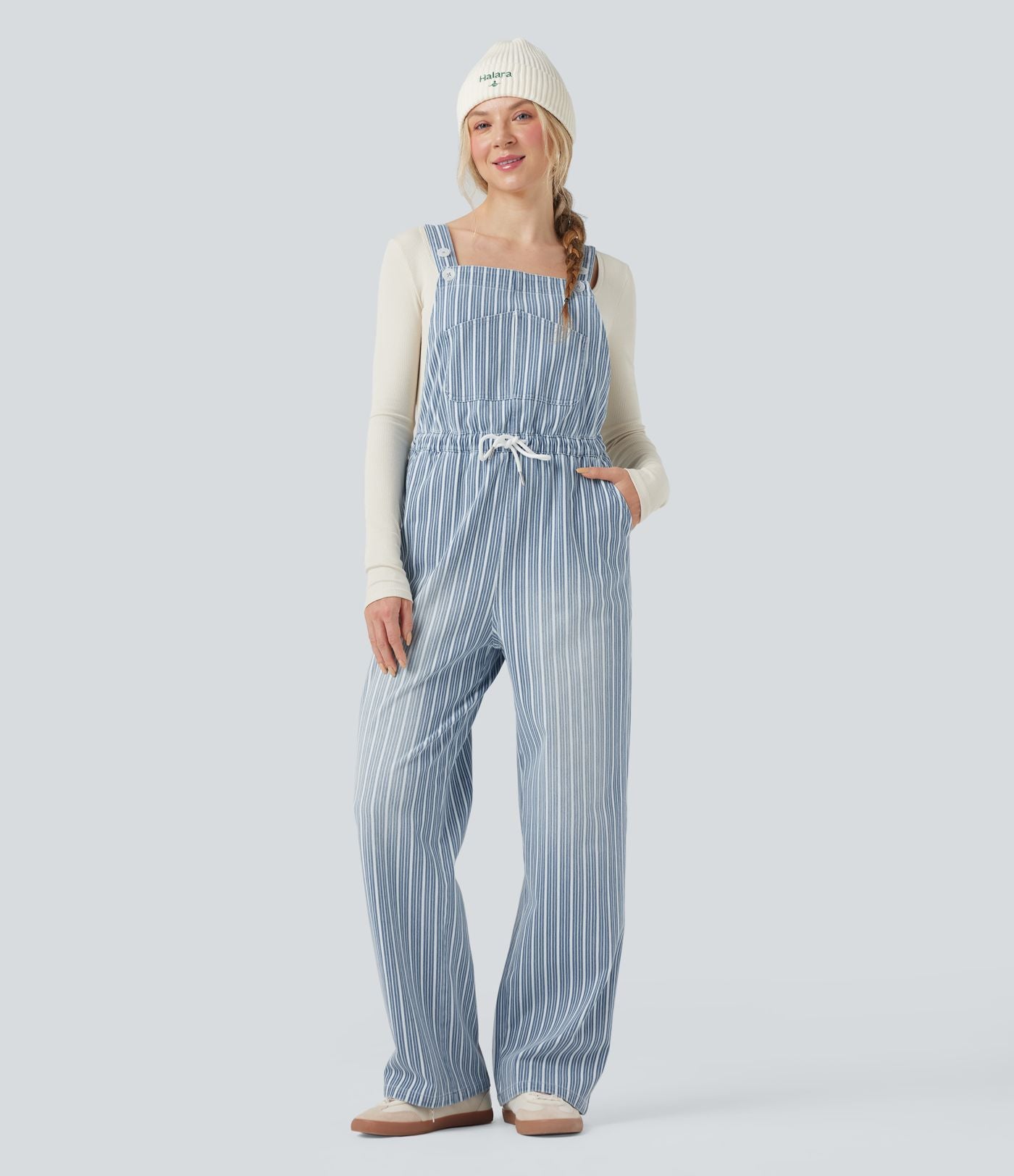 Salopette en denim décontractée droite à rayures Halara Flex™ avec cordon et poches