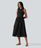 Robe midi de villégiature sans manches col rond à broderie anglaise, avec poches