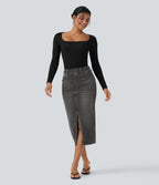 Halara Flex™ Jupe en Jean Casual Mi-Longue Délavé Extensible Plusieurs Poches Taille Haute