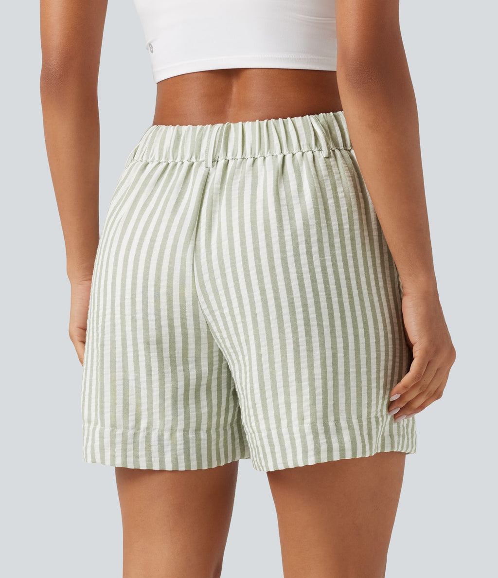 Short casual taille haute à rayures avec poches et aspect lin