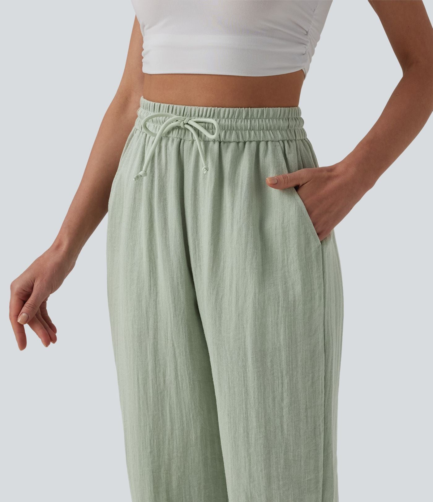 Jogging casual large ample taille haute aspect lin à cordon de serrage avec poches