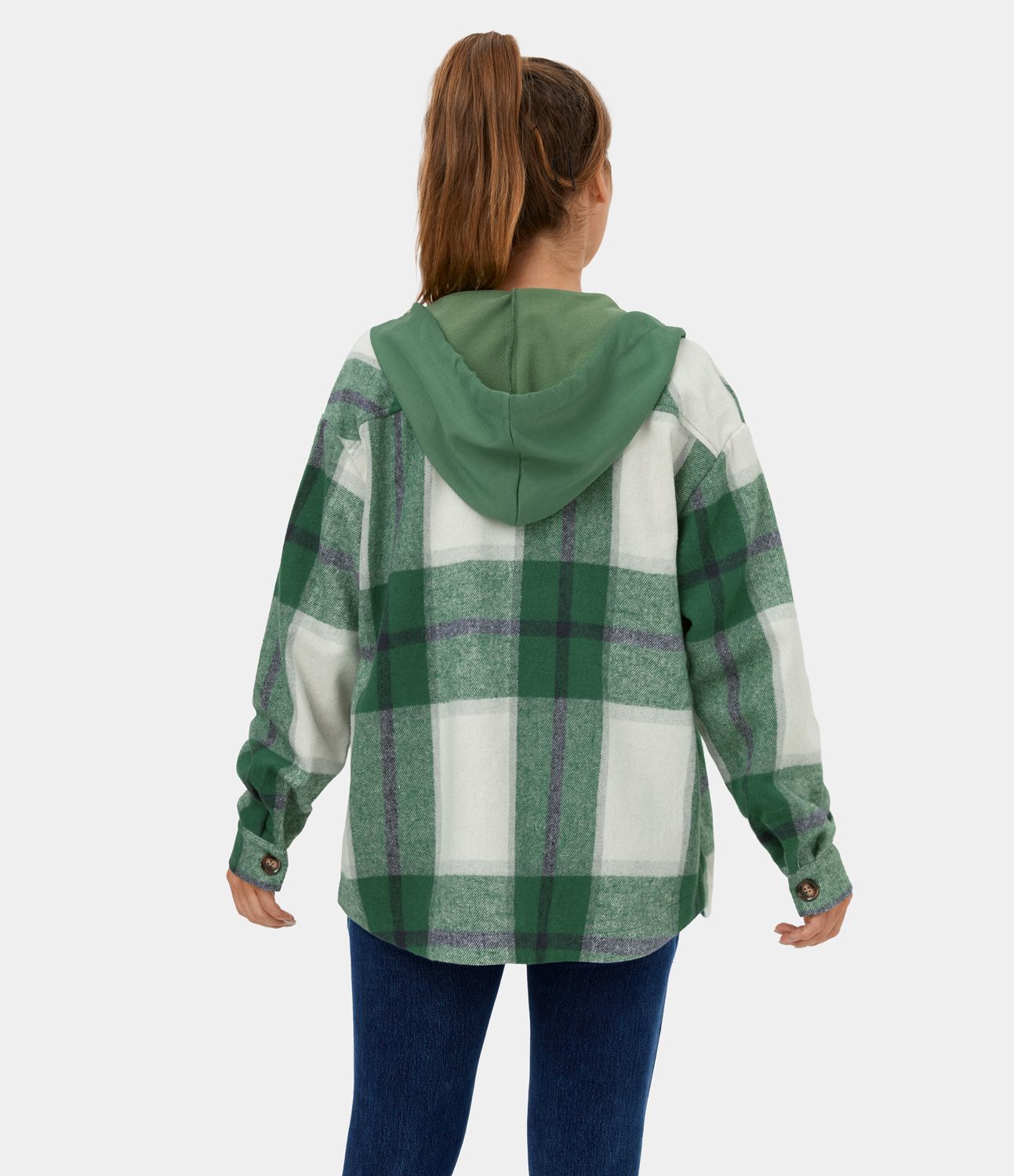 Veste de Casual à Carreaux en Polaire à Capuche avec Cordon de Serrage Boutons et Poches Latérales