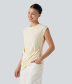 Top casual col rond manches courtes ourlet asymétrique torsadé