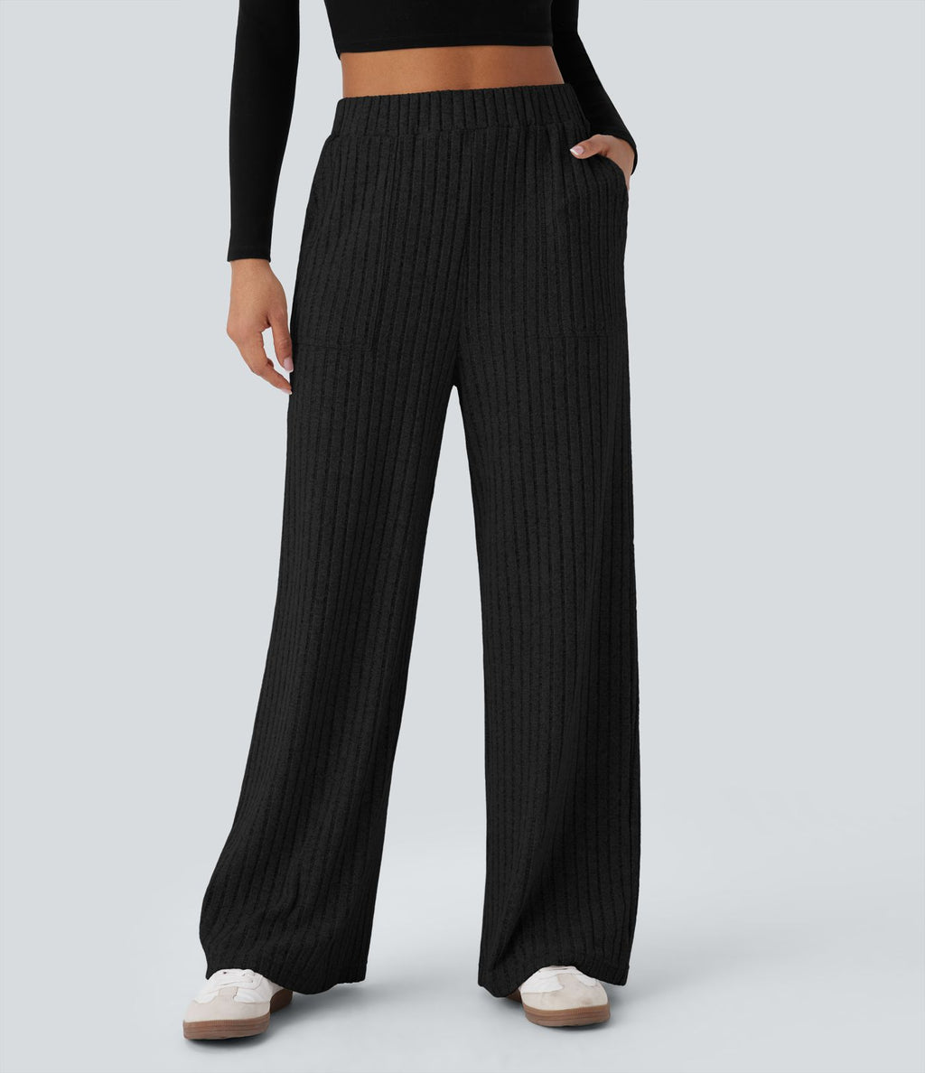 Pantalon large décontracté côtelé taille haute avec poches multiples