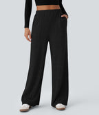 Pantalon large décontracté côtelé taille haute avec poches multiples