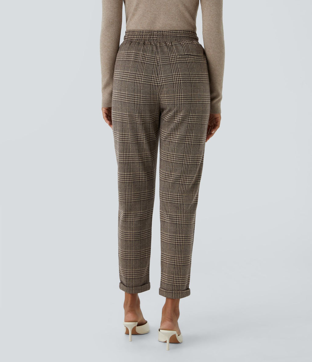 Halara Flex™ Pantalon Tailleur taille mi-haute à motif pied-de-poule avec cordon de serrage et poches latérales