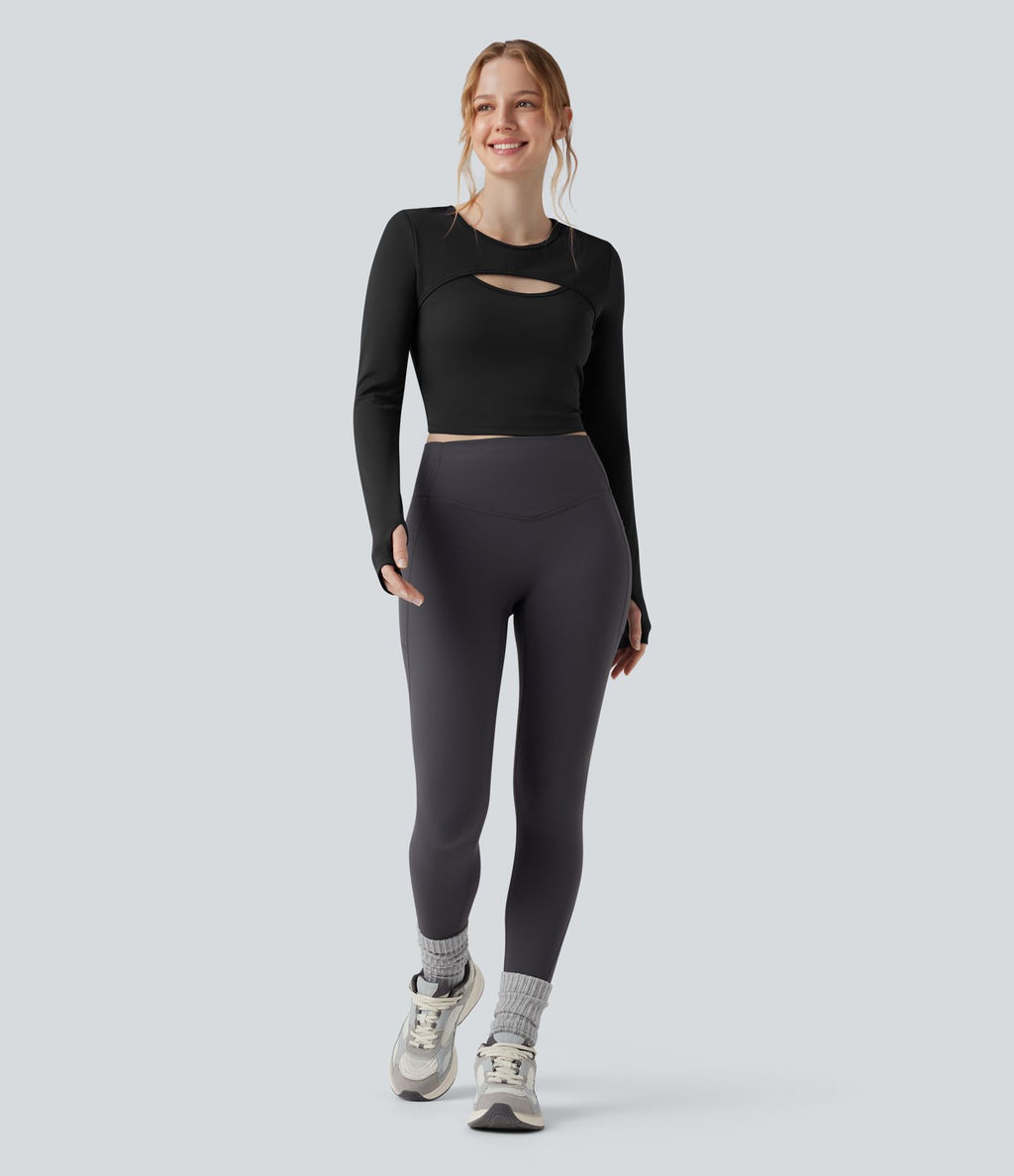 Haut de sport yoga court 2-en-1 col rond à manches longues avec passants pouces et laçage SoftlyZero™ Airy - UPF50+
