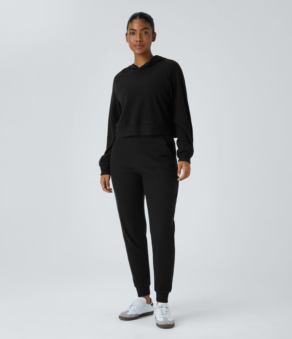 Sweat-shirt décontracté à capuche en maille côtelée avec manches longues et fente