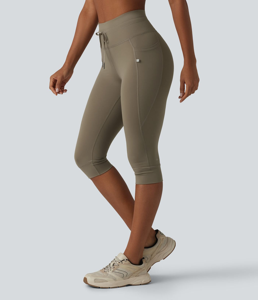 Legging yoga uni corsaire taille haute avec cordon de serrage et poches