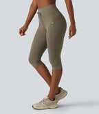 Legging yoga uni corsaire taille haute avec cordon de serrage et poches