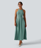 Robe midi décontractée col rond dos nageur avec poches