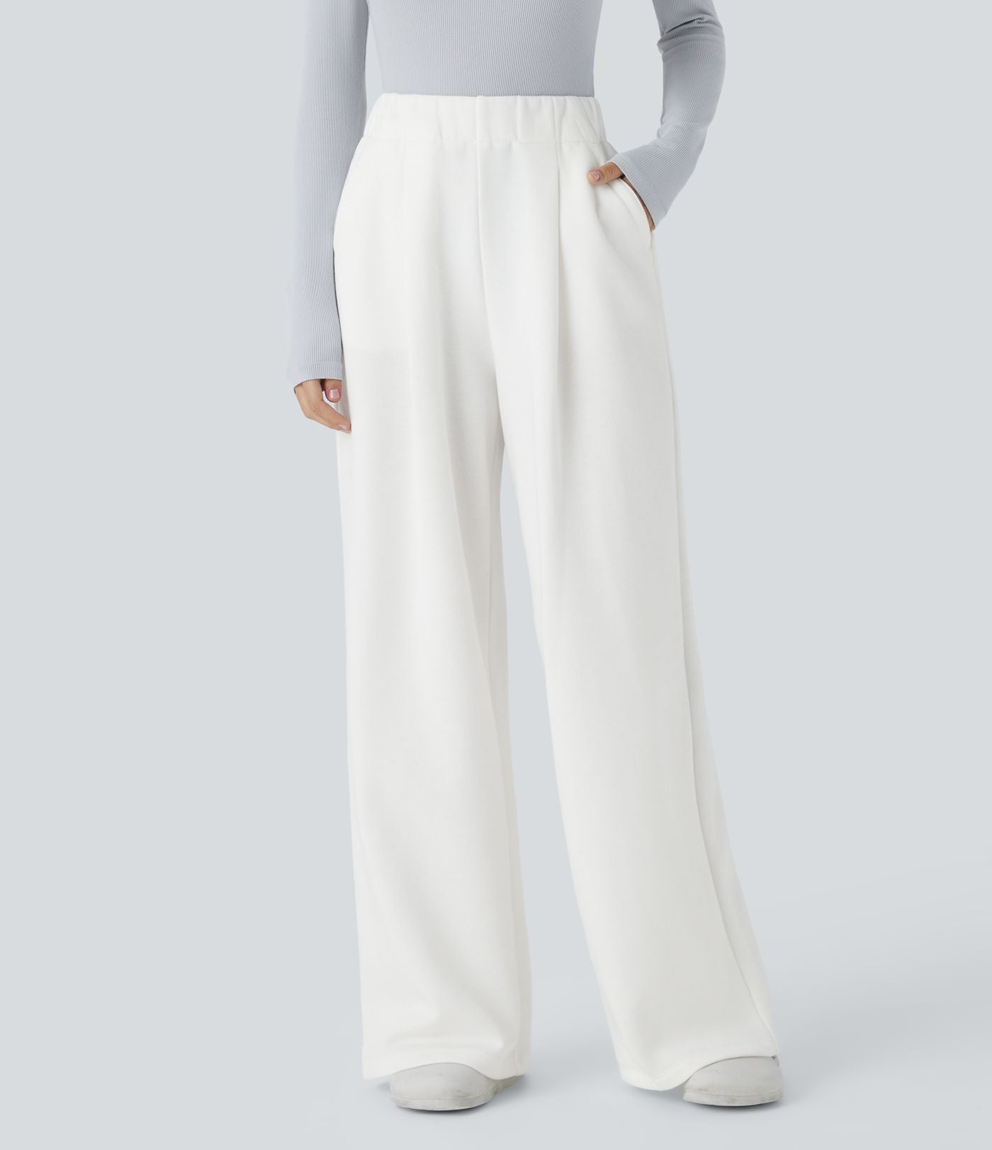 Pantalon Jogging Thermique Taille Haut Jambes Larges Poche Latérale Plissée en Fleece