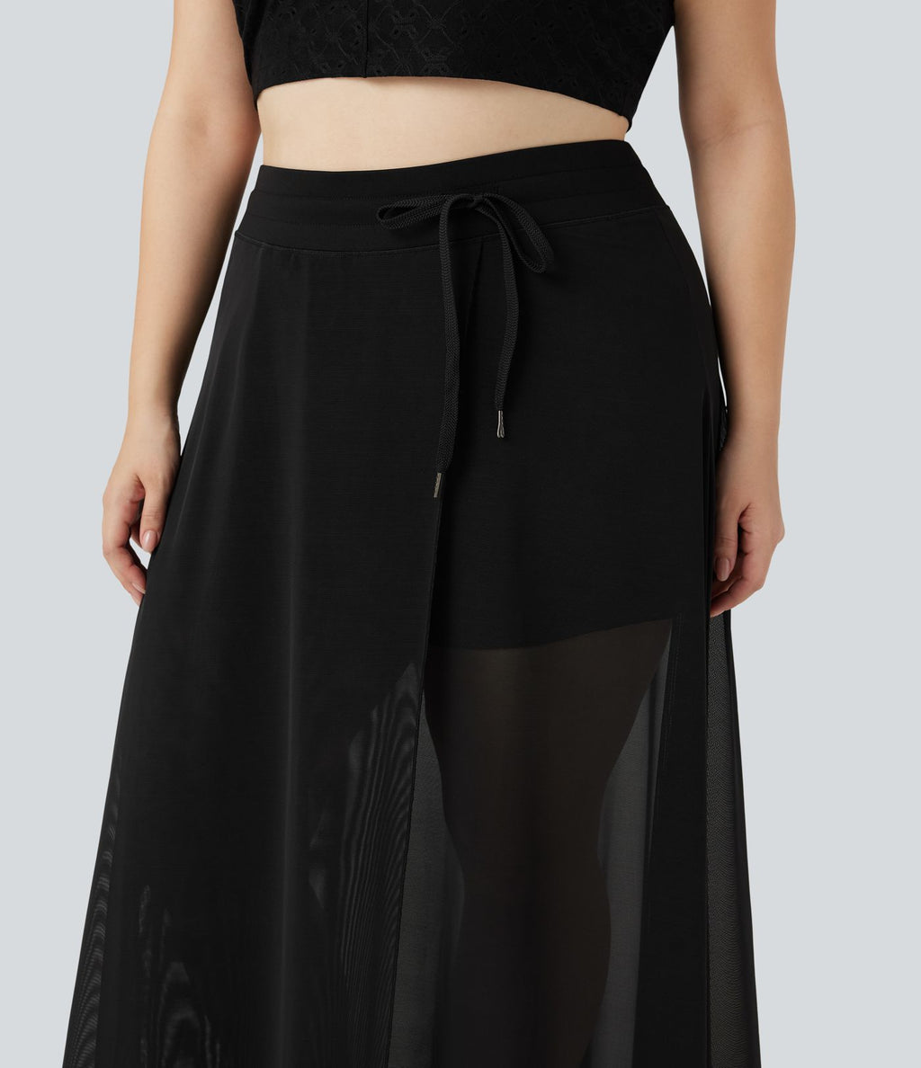 Jupe longue fluide grande taille 2-en-1 mesh contrastant taille haute avec cordon de serrage et poches