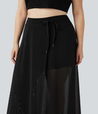 Jupe longue fluide grande taille 2-en-1 mesh contrastant taille haute avec cordon de serrage et poches