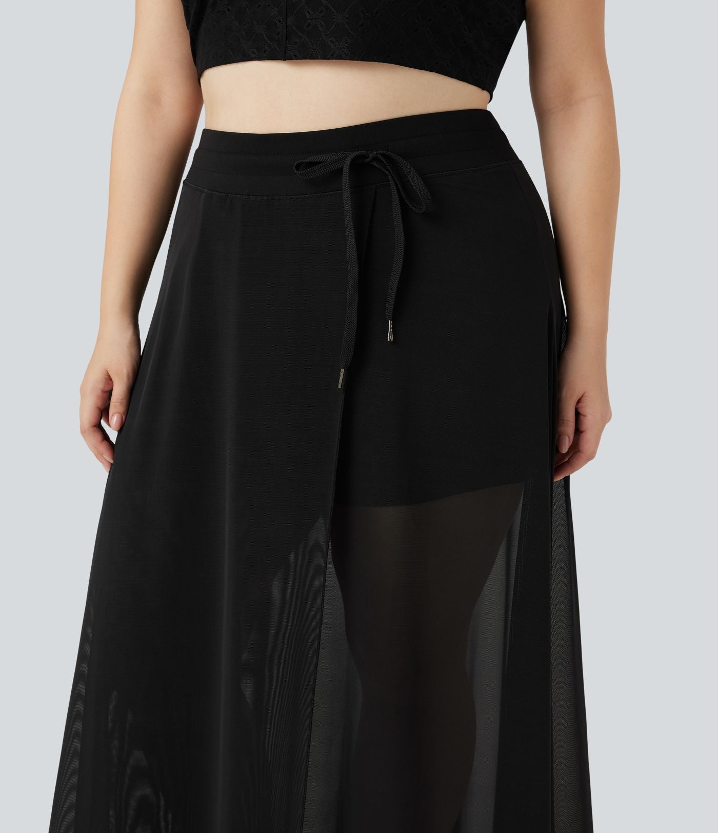 Jupe longue fluide grande taille 2-en-1 mesh contrastant taille haute avec cordon de serrage et poches