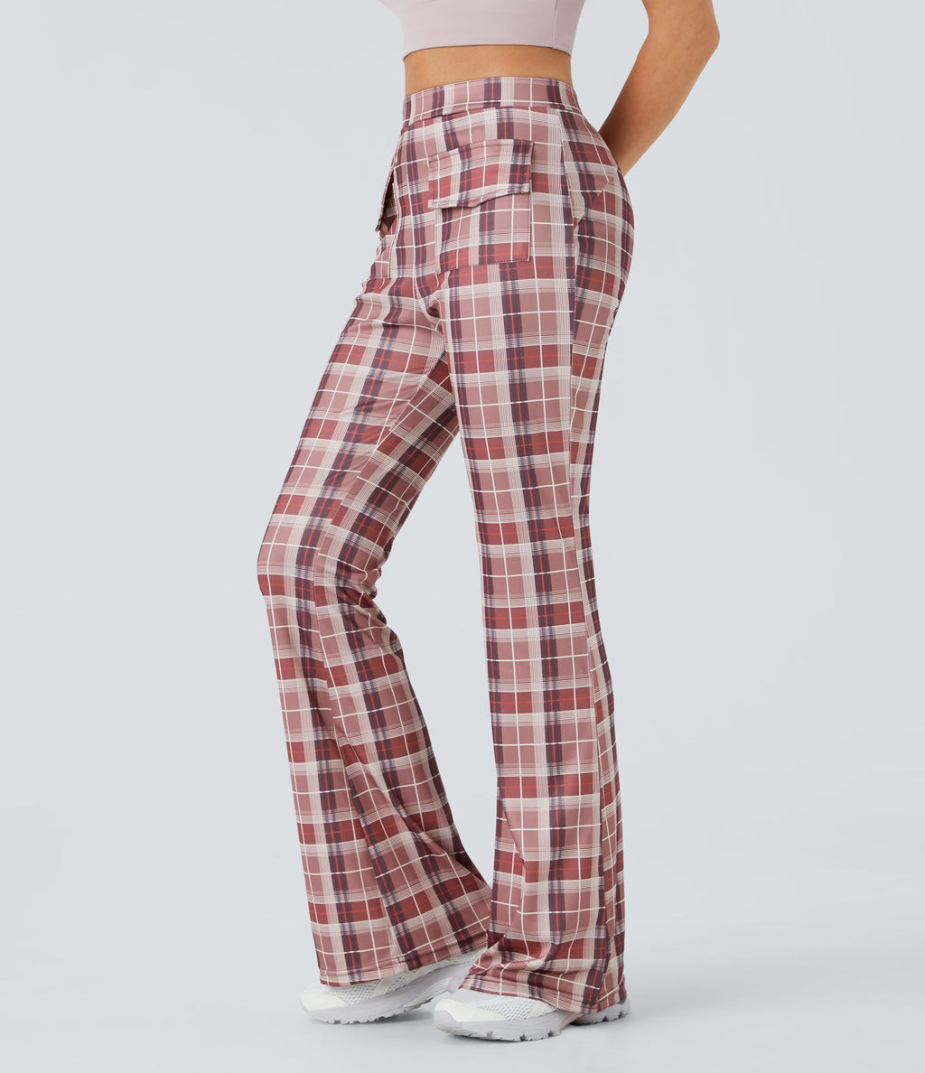 Pantalon Casual à Carreaux Évasé et Taille Haute avec Poches