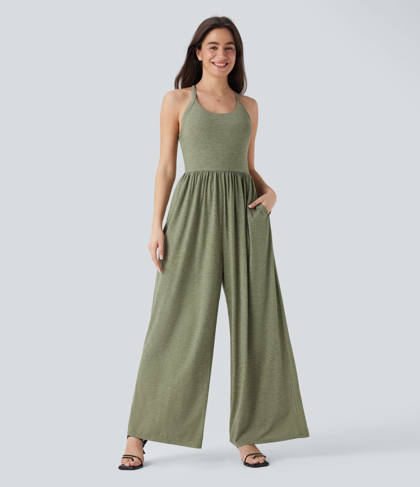 Combinaison décontractée dos nu torsadée large fluide avec brassière intégrée et poches - Easy Peasy Edition