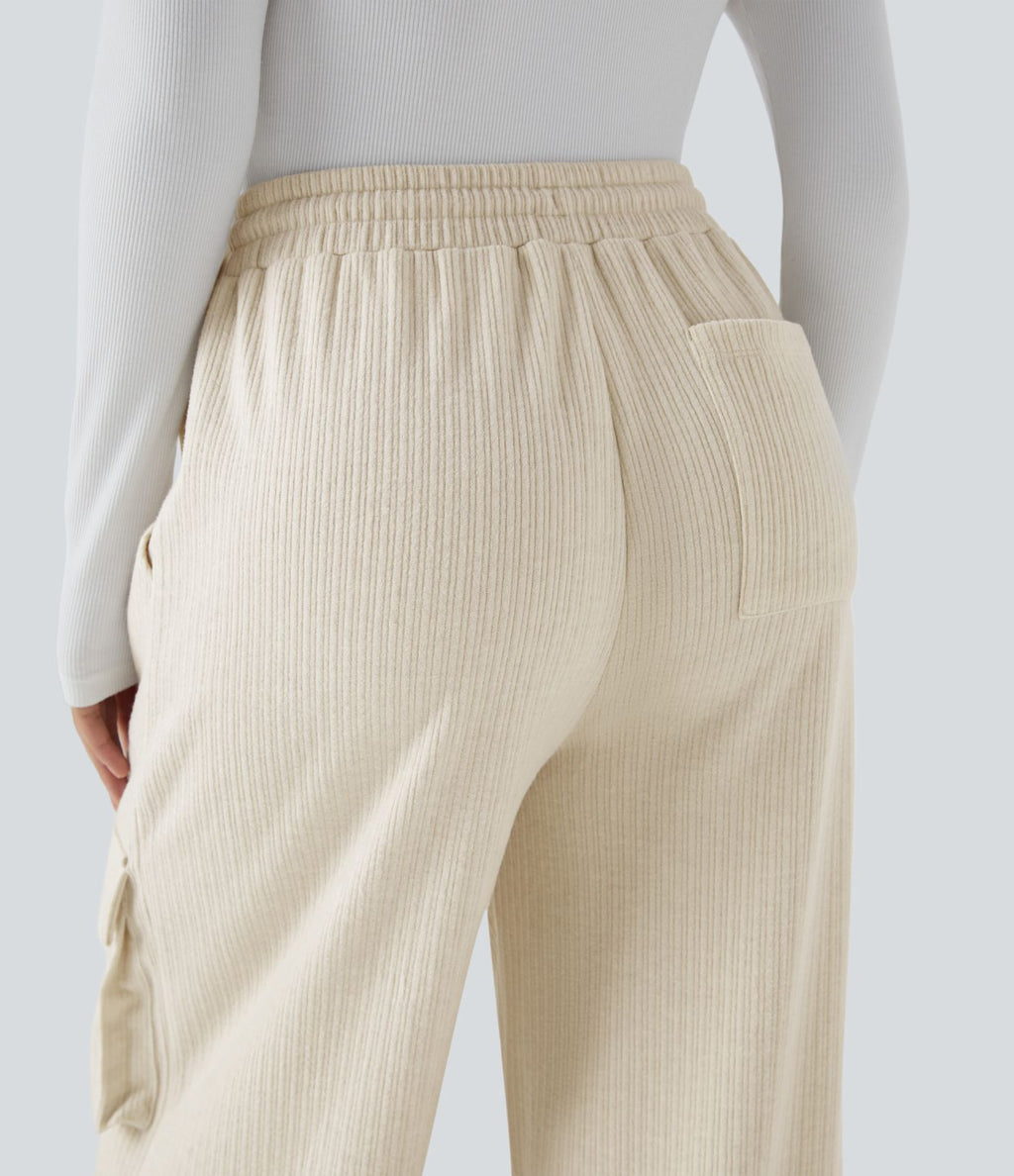 Pantalon cargo décontracté large à cordon côtelé, taille mi-haute, avec poches