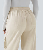 Pantalon cargo décontracté large à cordon côtelé, taille mi-haute, avec poches