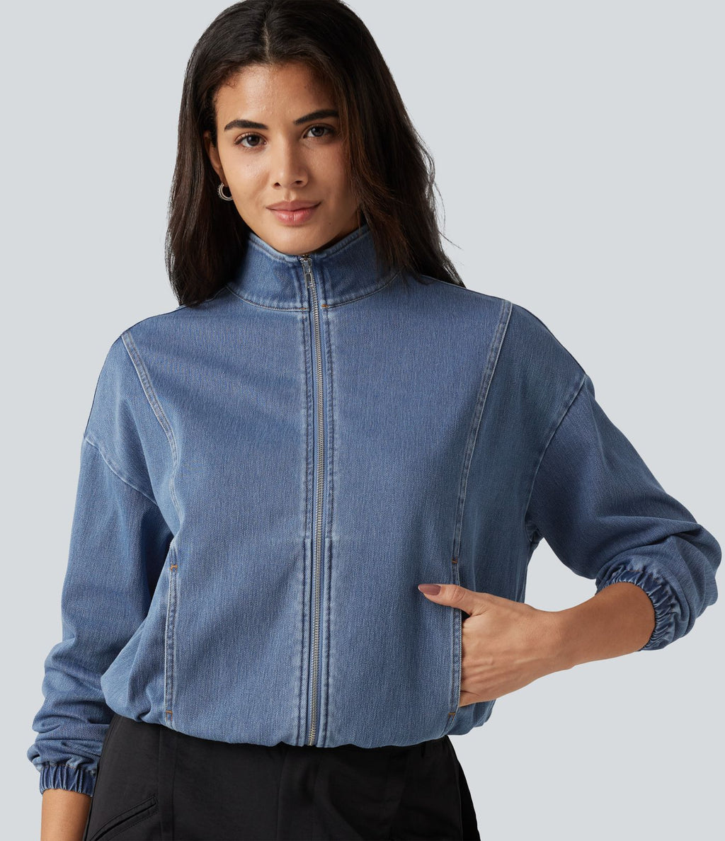 Veste en jean Halara Flex™ à col montant avec manches longues, zip et poches