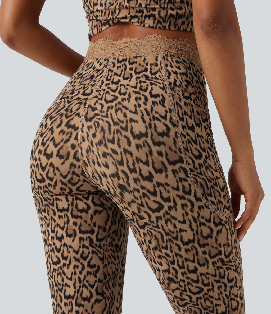 Legging yoga Halara UltraSculpt™ flare taille haute avec ceinture en V imprimé léopard, dentelle contrastée et poches