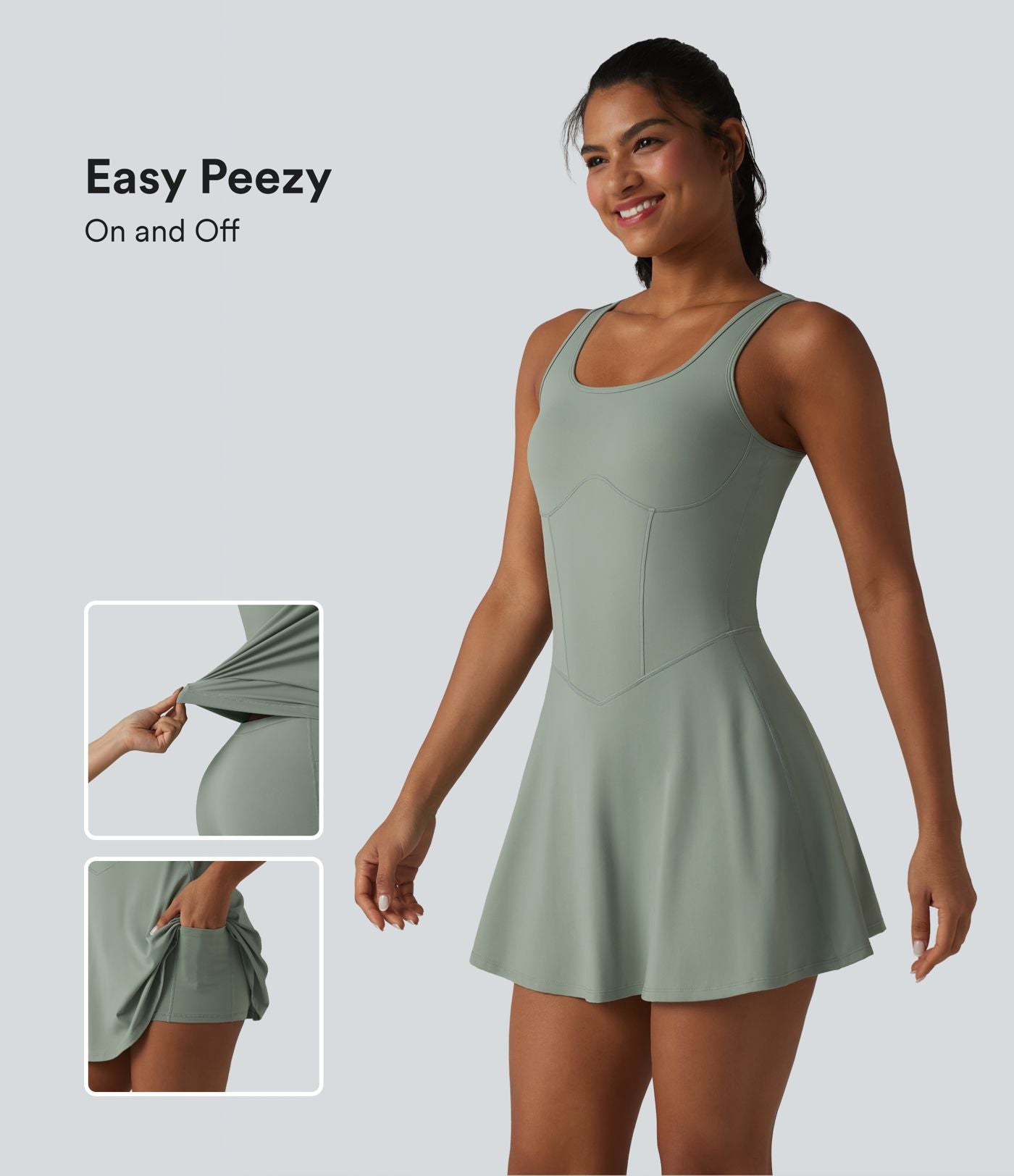 Robe de sport mini sans manches col U 2 en 1 avec soutien-gorge intégré et poches - Easy Peasy