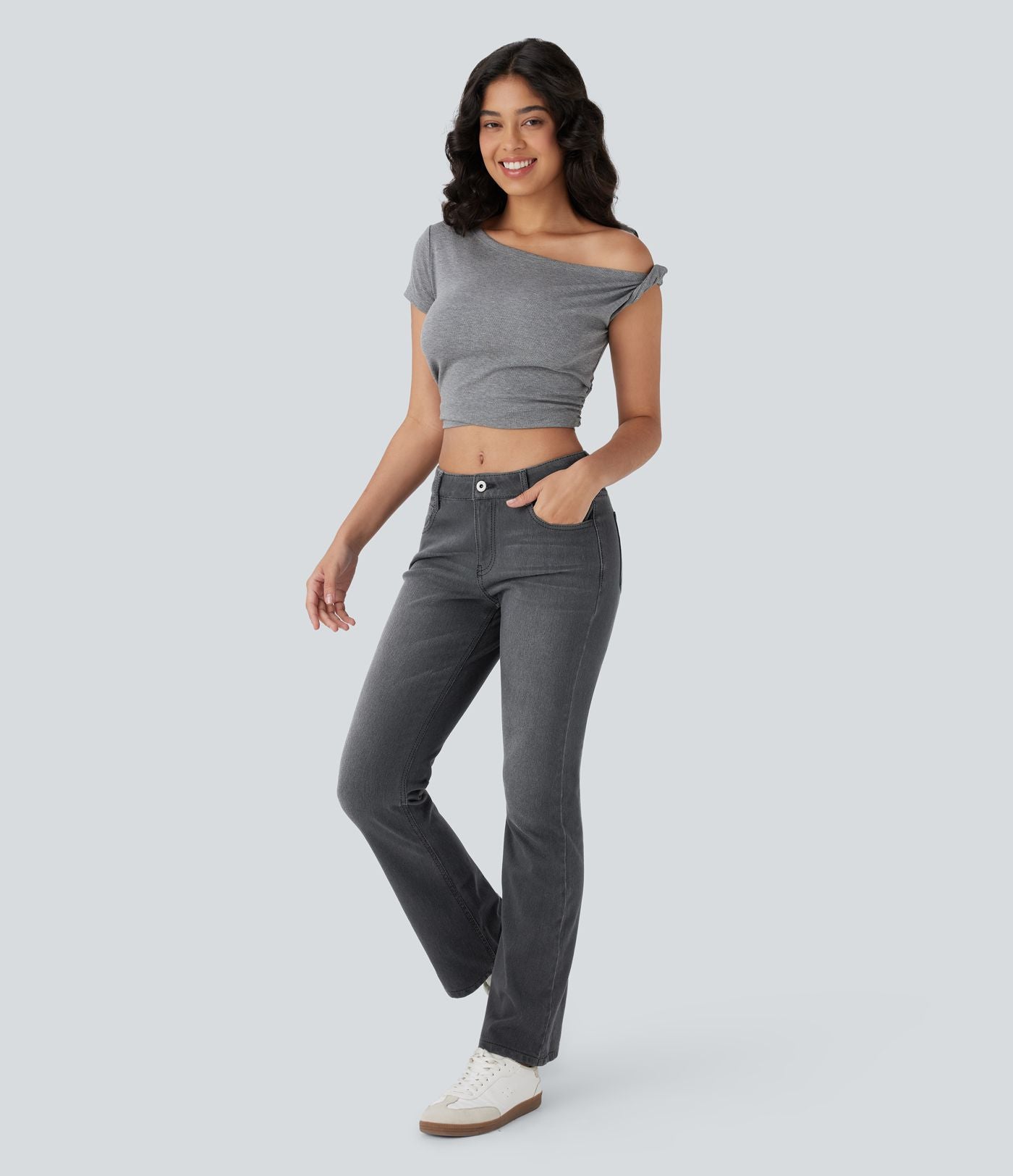 Jean bootcut délavé Halara Flex™ taille basse avec bouton, fermeture éclair et poches multiples