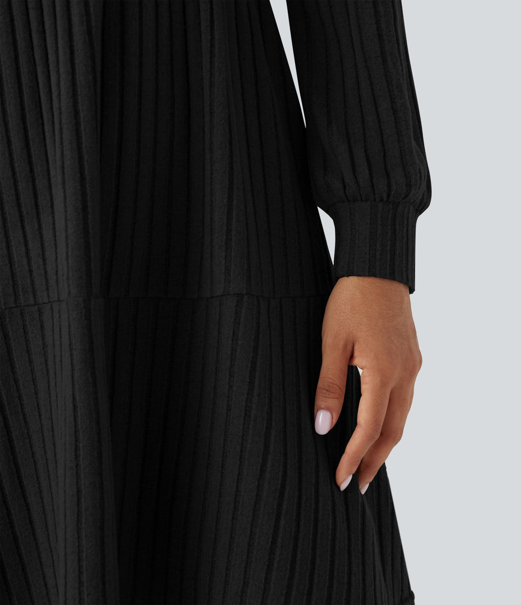 Robe décontractée maille côtelée décolleté carré manches longues bouffantes avec poches