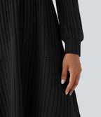 Robe décontractée maille côtelée décolleté carré manches longues bouffantes avec poches