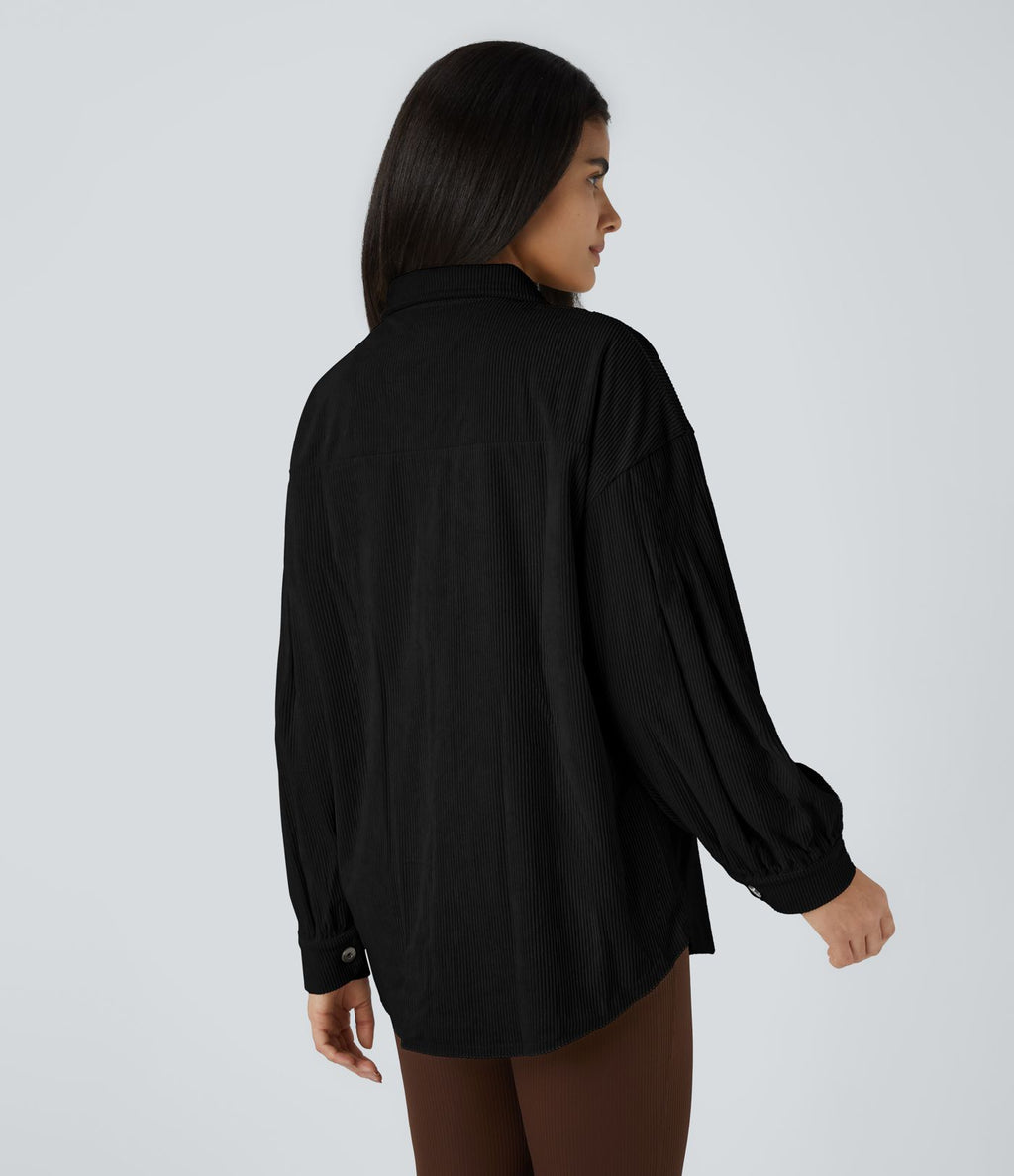 Veste Casual en Velours Côtelé à Col Boutonné Poches et Manches Longues Ourlet Courbé