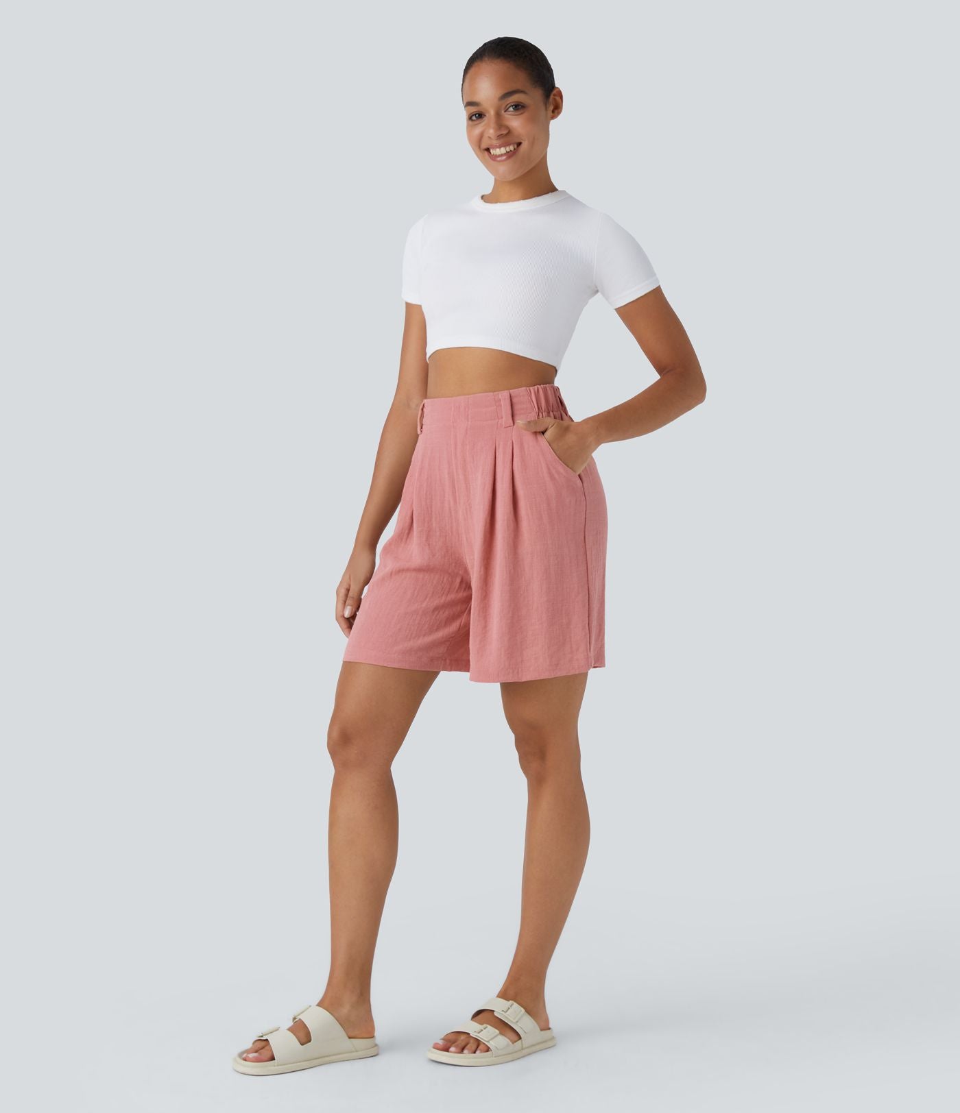 Bermuda Large Fluide Taille Haute avec Plis et Poches Latérales en Lin Synthétique