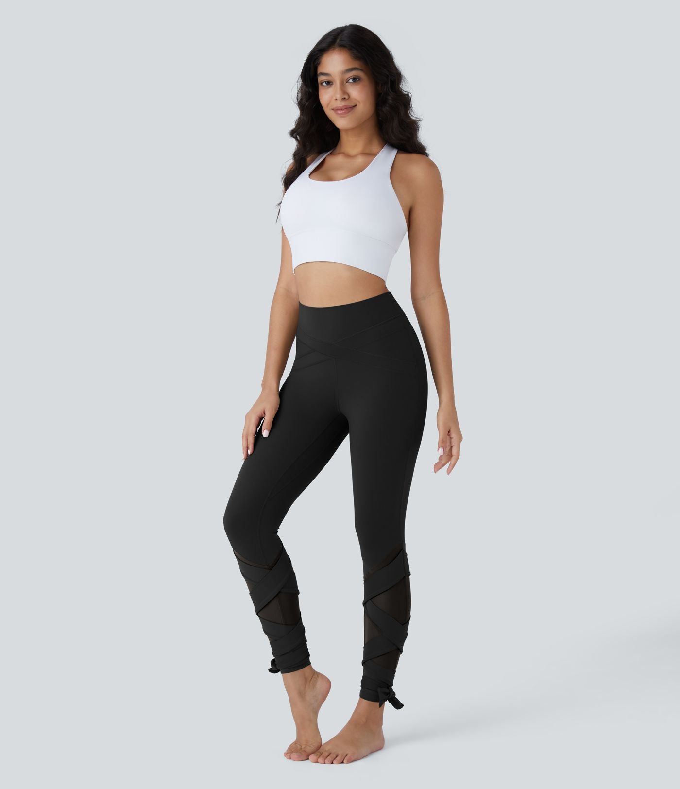 Softlyzero™ Legging Taille Haute Empiècement en Maille Contrastante Lacets Croisés Longueur 7/8