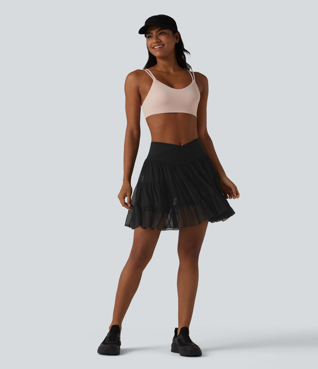 Jupe mini de tennis 2 en 1 croisée évasée taille haute avec poches - longueur allongée