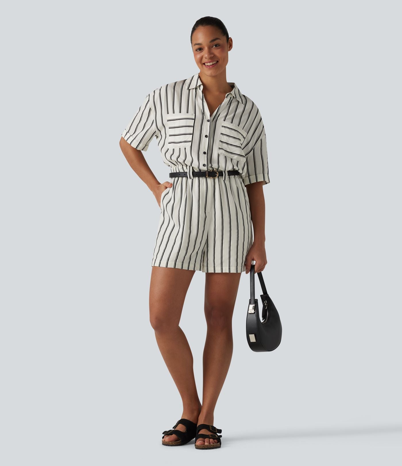 Combinaison-chemise décontractée rayée à manches courtes avec poches