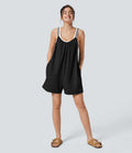 Combinaison Large Casual à Jambes Larges Solide avec Fines Bretelles Réglables Poches Latérales Plissées