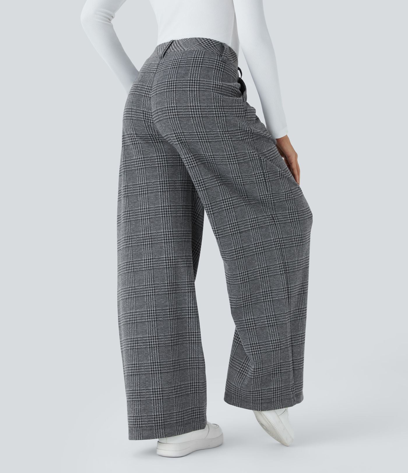 Pantalon taille haute décontracté large à carreaux, avec poches