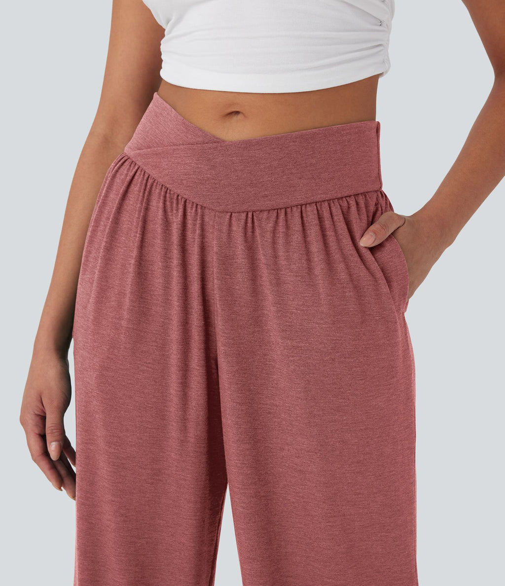 Pantalon de jogging décontracté à taille haute croisée avec poches latérales et cordon de serrage