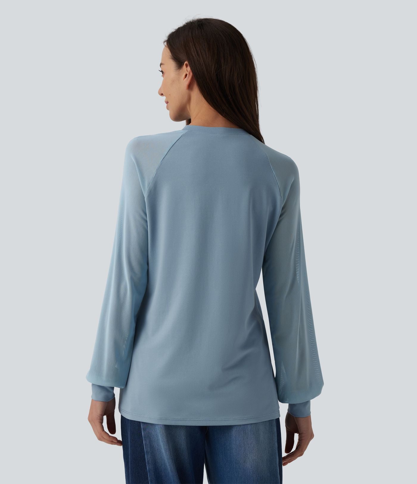 Blouse mesh contrastant col rond manches raglan longues