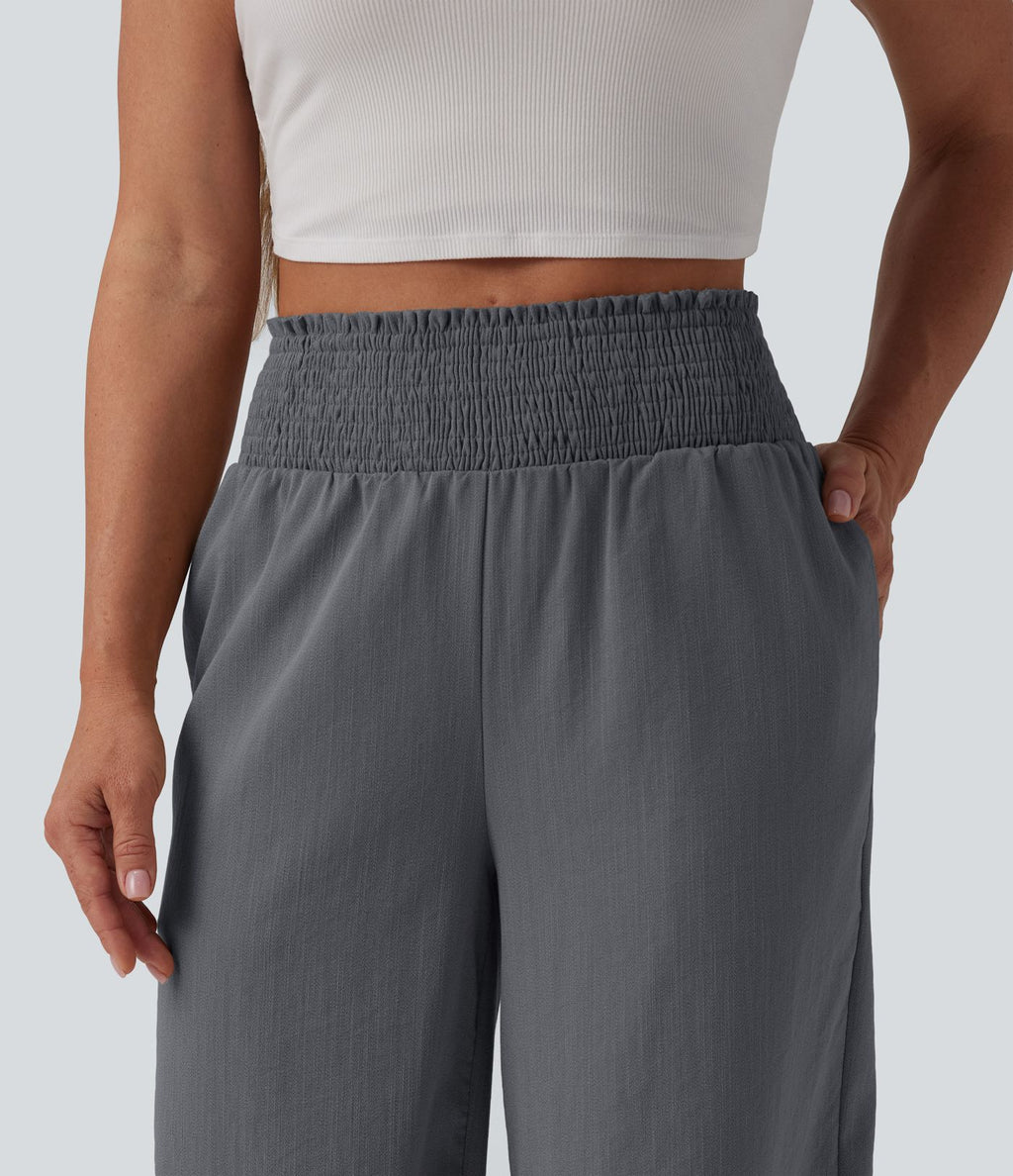 Pantalon large décontracté froncé taille haute aspect lin avec poches