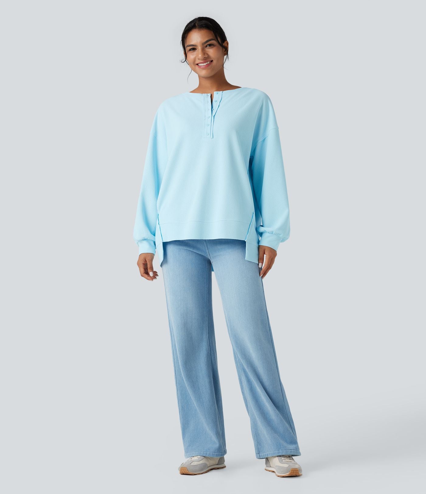 Sweat-shirt gaufré henley oversize manches longues avec poches