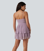 Robe nuisette mini demoiselle d'honneur et invitée de mariage avec brassière intégrée en mesh à col V noué et ourlet à volants