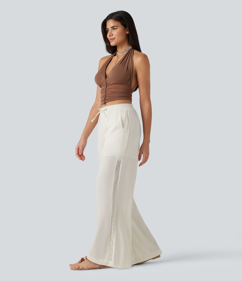 Pantalon large fluide casual 2 en 1 taille mi-haute avec cordon de serrage, dentelle contrastante, poches et aspect lin