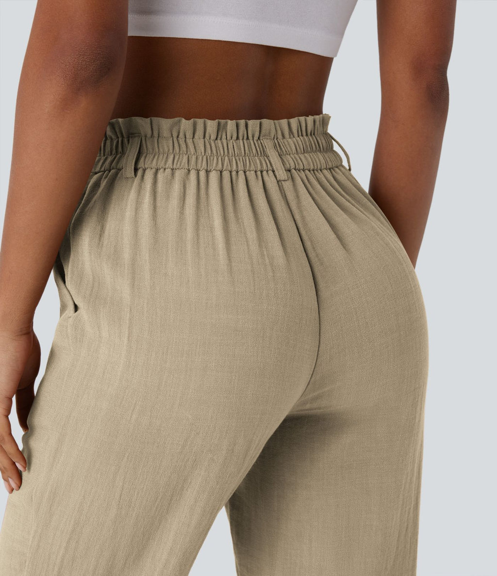 Pantalon capri effet lin taille haute avec poches zippées